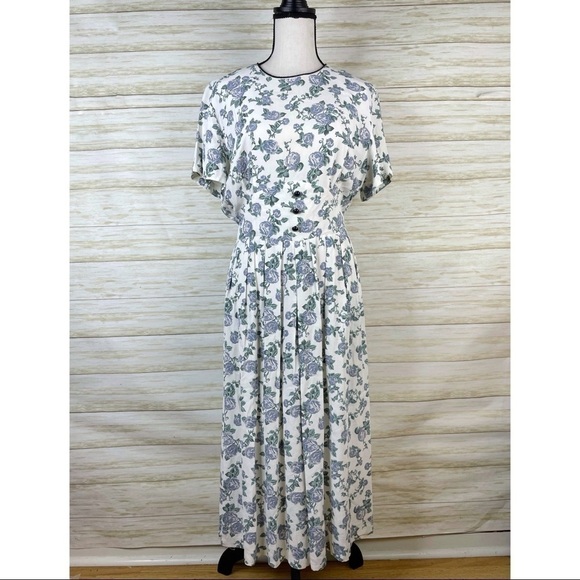 Vintage 80’s Whirlaway Cottagecore Blue Rose Print Button Waist Maxi Dress - Picture 1 of 7
